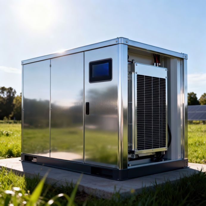 Outdoor electrical cabinet with integrated cooling unit on concrete pad at energy site.