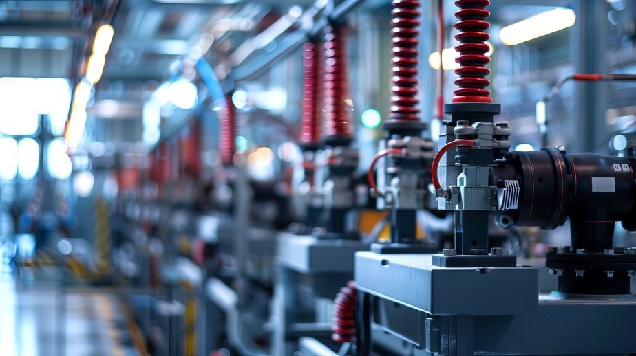 close-up of industrial machine parts with metal springs and components, illuminated by warm lighting. concept of mechanical engineering, precision machinery, industrial equipment, and technology.