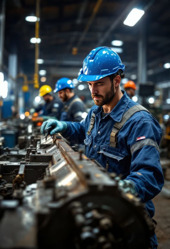 man welder in yellow hard hat and blue work suit performing metal work with sparks in a factory workshop. industrial welding and manufacturing
