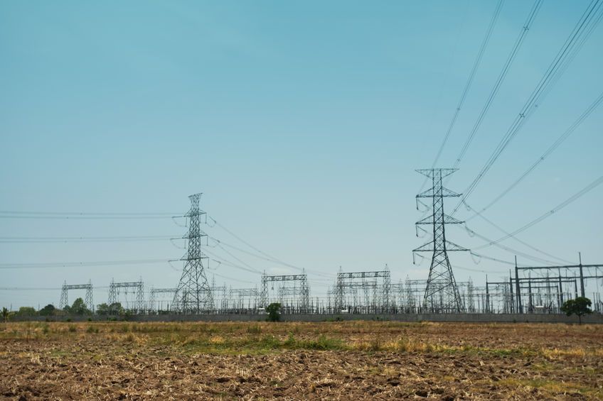 Power transmission, Electric power lines and power plant background.